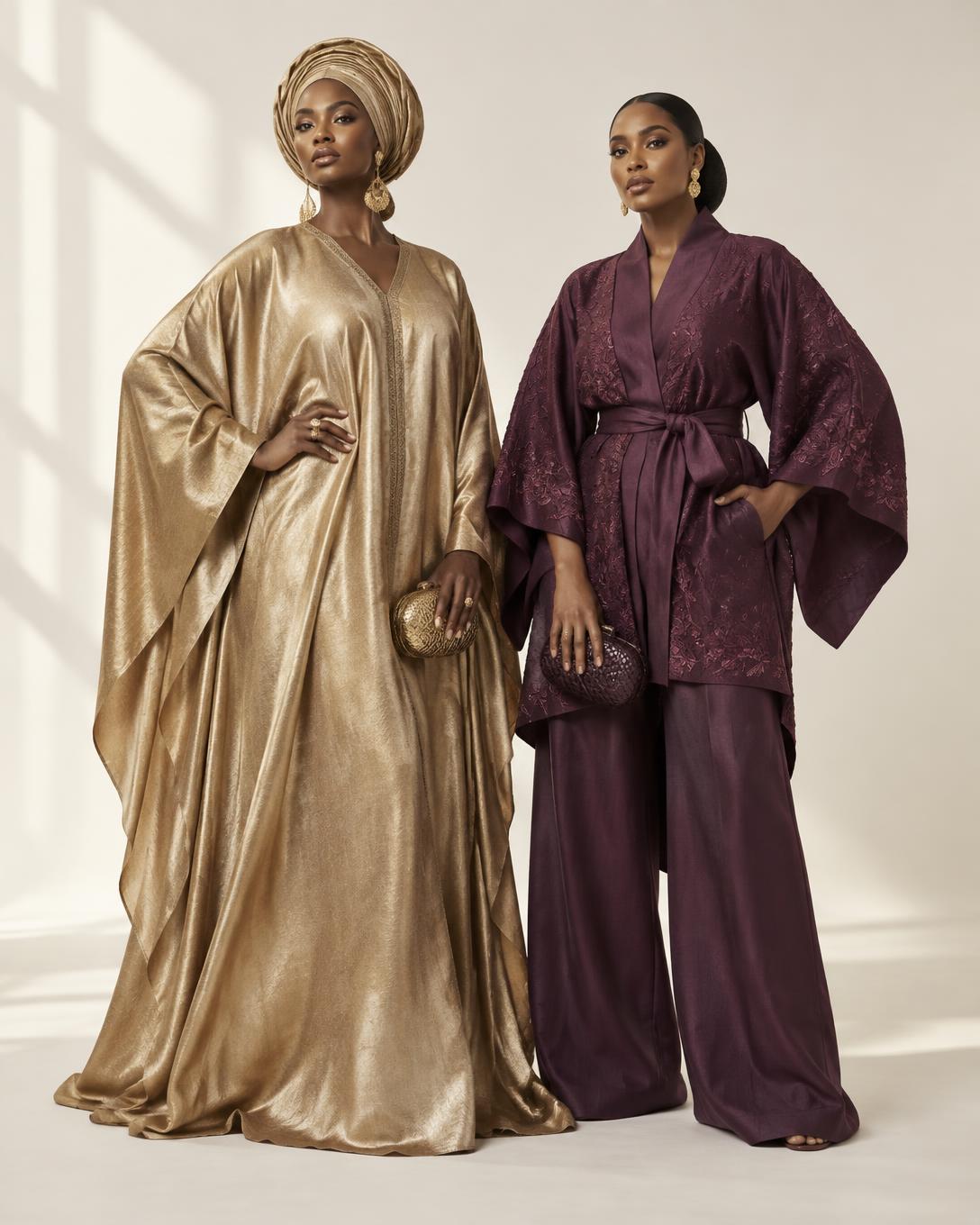 Models wearing gold kaftan and plum kimono outfits