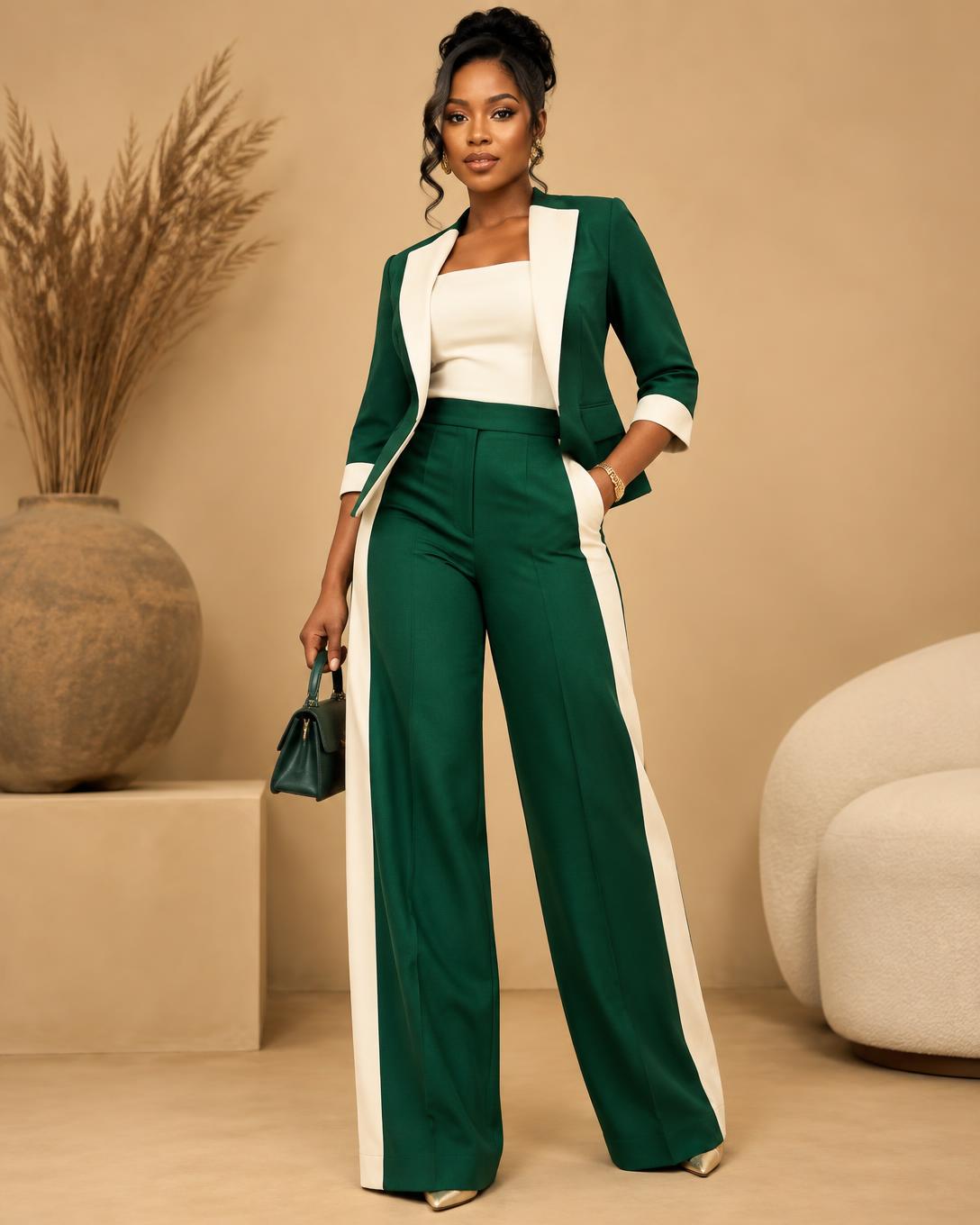 Model wearing an emerald ready-to-wear suit